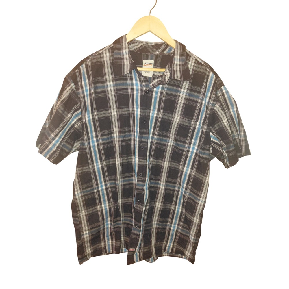Genuine Dickies Mens XL Short Sleeve Plaid Button Up Shirt Black Blue Workwear